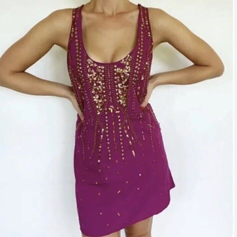 Free People Ella wine bronze beaded strappy Mini slip dress size XS NWT